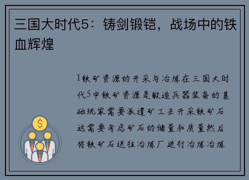 三国大时代5：铸剑锻铠，战场中的铁血辉煌